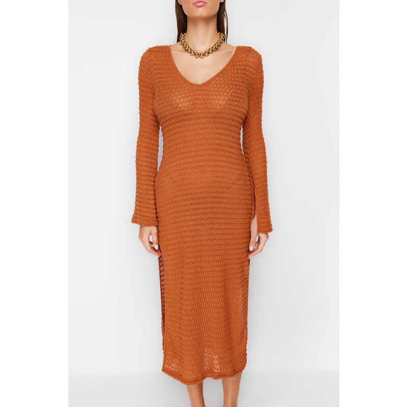 Trendyol Brown Fitted Maxi Knitted Slit Knitwear effect Beach Dress