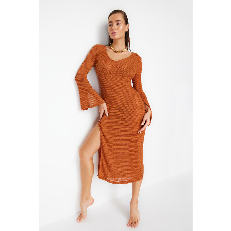 Trendyol Brown Fitted Maxi Knitted Slit Knitwear effect Beach Dress