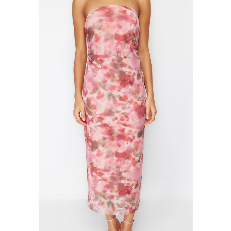 Trendyol Pink Strapless Draped Detailed Patterned Fitted/Situated Maxi Knitted Maxi Dress