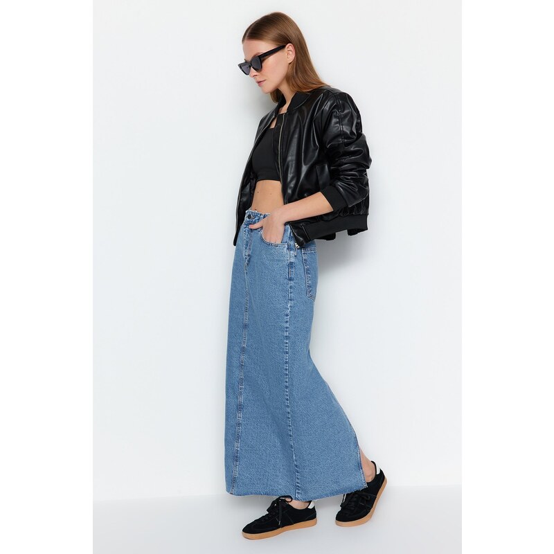 Trendyol Blue High Waist Maxi Denim Skirt with Cutaway Legs