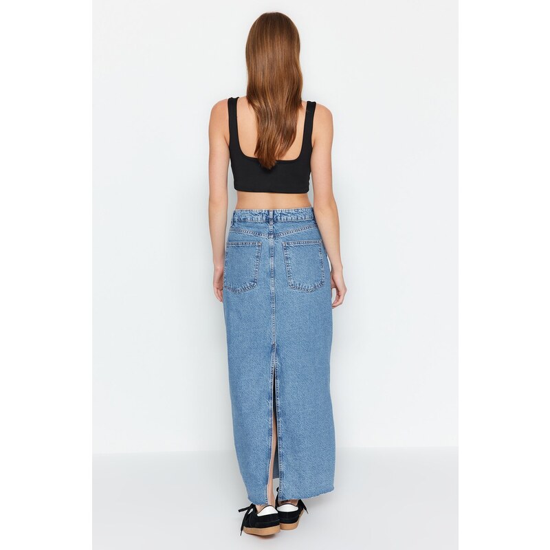 Trendyol Blue High Waist Maxi Denim Skirt with Cutaway Legs