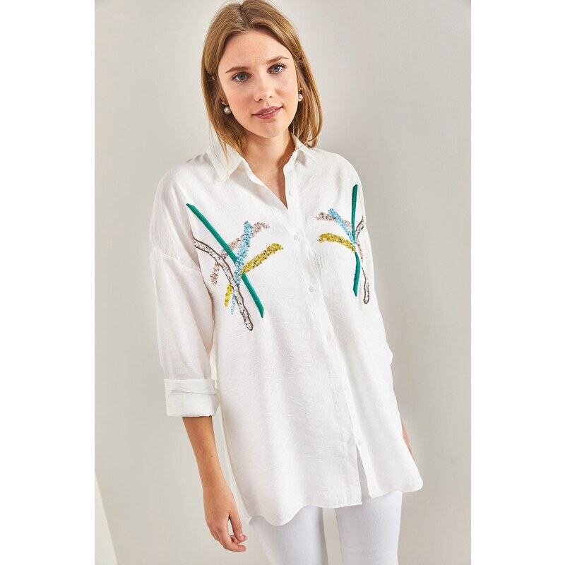 Bianco Lucci Women's Flax Wrap Shirt With Embroidered Sequins Palettes