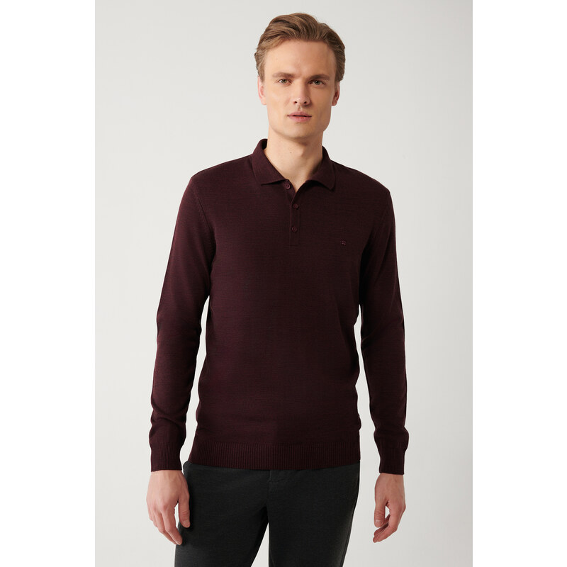 Avva Men's Claret Red Knitwear Sweater 3 Buttoned Polo Collar Regular Fit