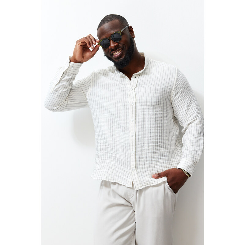 Trendyol Ecru Regular Fit Striped 100% Cotton Crease Effect Plus Size Shirt