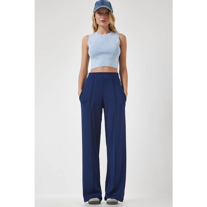 Happiness İstanbul Women's Navy Blue High Waist Scuba Palazzo Trousers