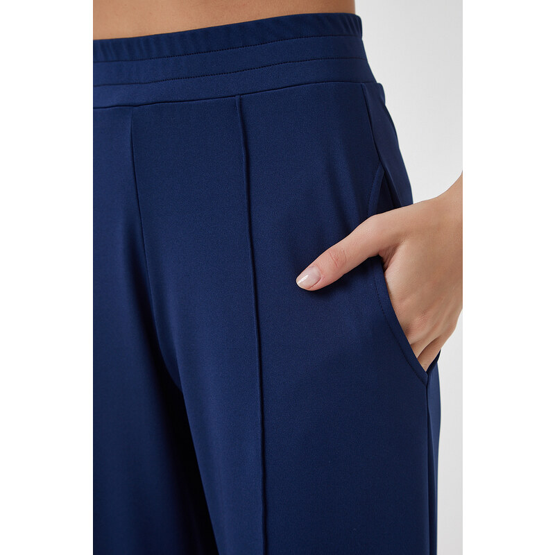 Happiness İstanbul Women's Navy Blue High Waist Scuba Palazzo Trousers