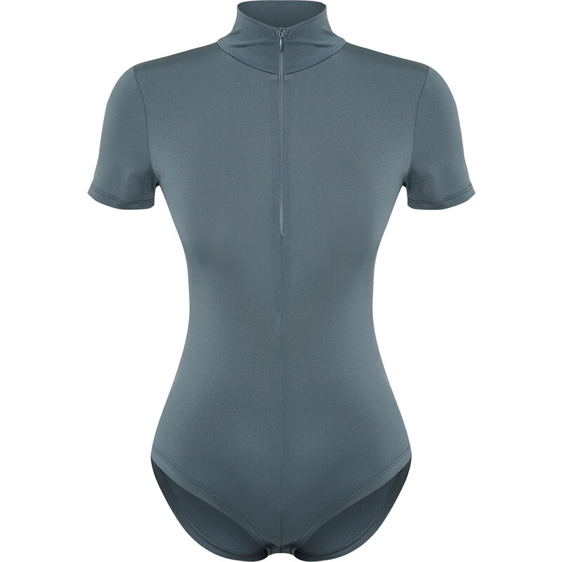 Trendyol Open Anthracite Zippered Stand-Up Collar Zippered Short Sleeved Flexible Snap Fastener Knitted Body