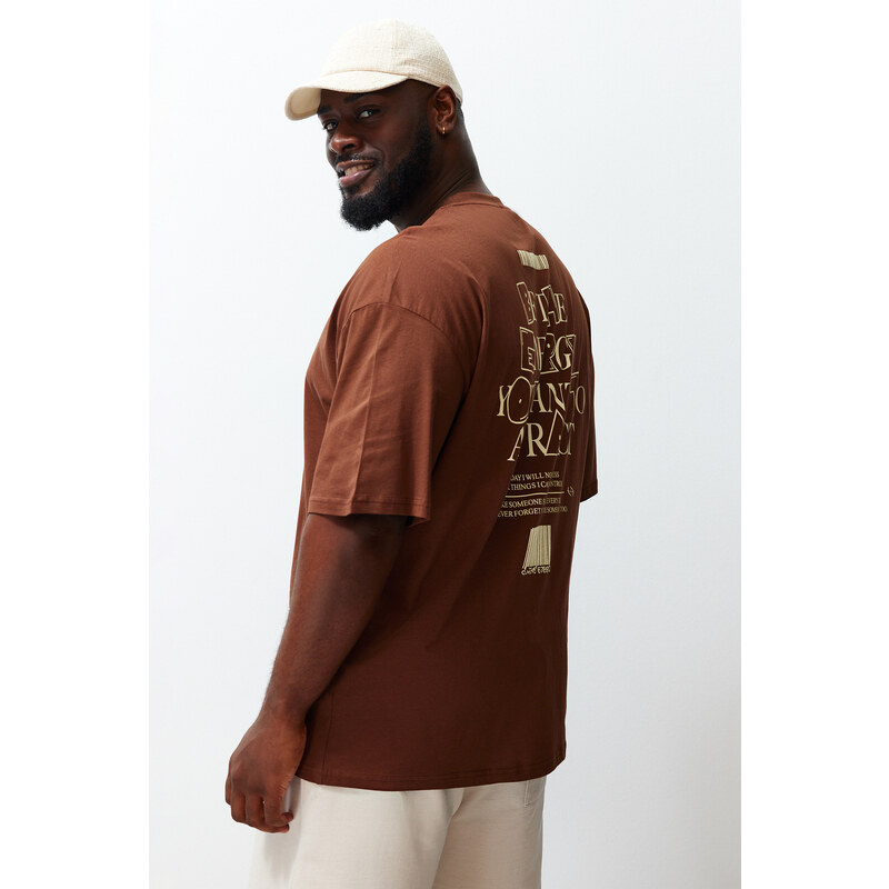 Trendyol Plus Size Brown Oversize/Wide-Fit 100% Cotton Text Printed T-Shirt