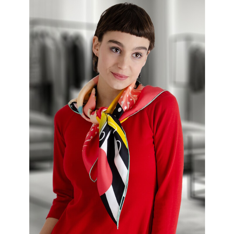 Monika Nowak Hedvábný šátek 90x90cm Život v barevných tónech, 100% saténové morušové hedvábí 16 mómí, oboustranný digitální tisk, ručně šité okraje