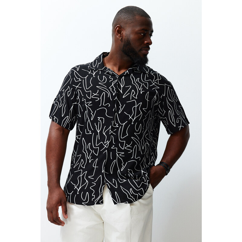 Trendyol Black Regular Fit 100% Viscose Printed Short Sleeve Flowy Summer Plus Size Shirt