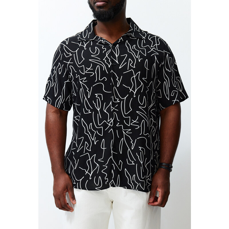 Trendyol Black Regular Fit 100% Viscose Printed Short Sleeve Flowy Summer Plus Size Shirt