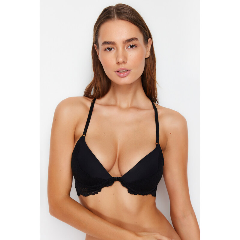 Trendyol Black Polyamide Lace, Halter Back and Front Closure Detail Covered Knitted Bra