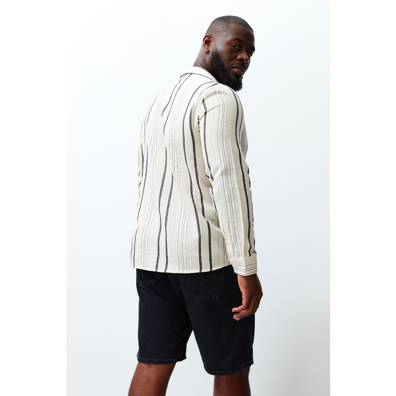 Trendyol Black Regular Fit Striped Etamine Plus Size Linen Look Shirt
