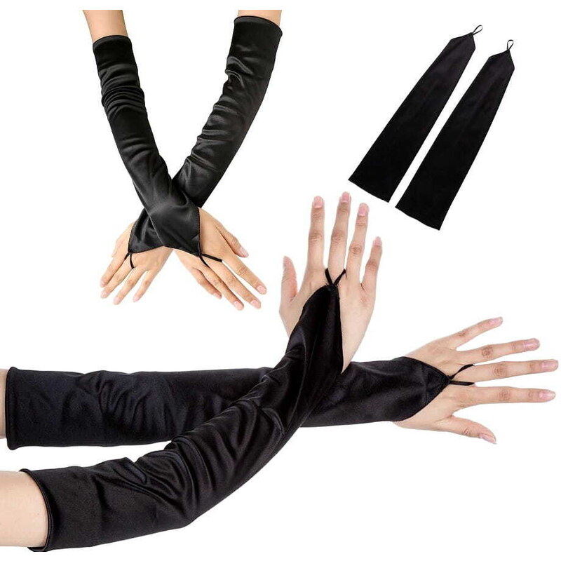 Camerazar Retro saténové rukavice Černé dlouhé večerní rukavice