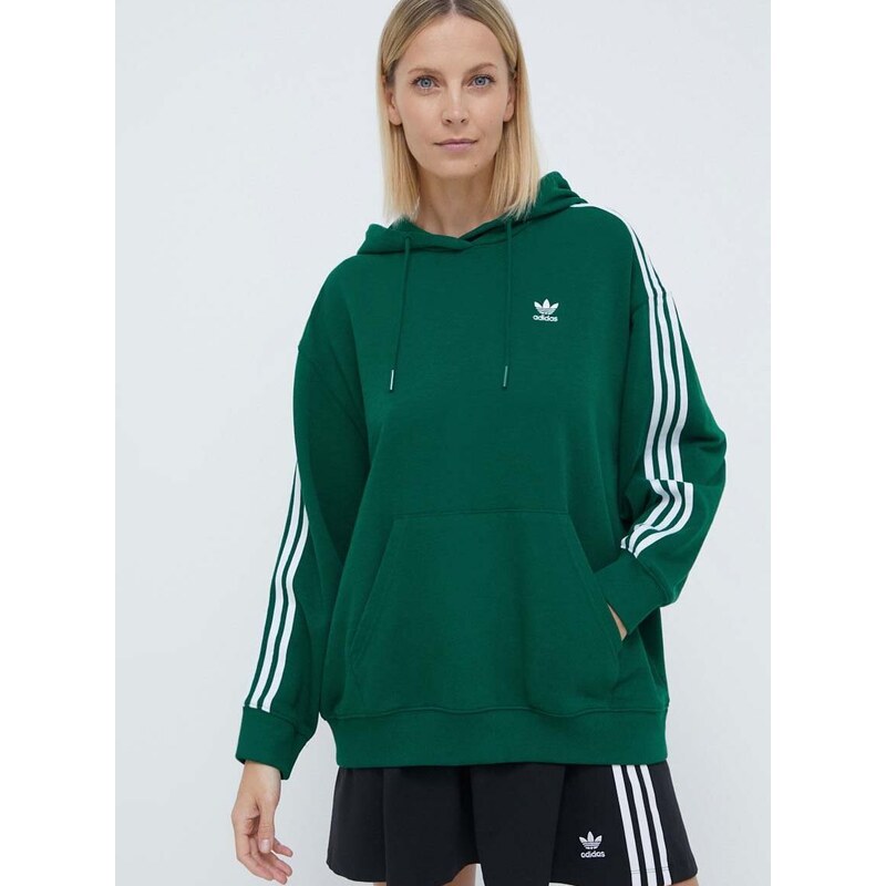 Mikina adidas Originals 3-Stripes Hoodie OS dámská, zelená barva, s kapucí, s aplikací, IN8400