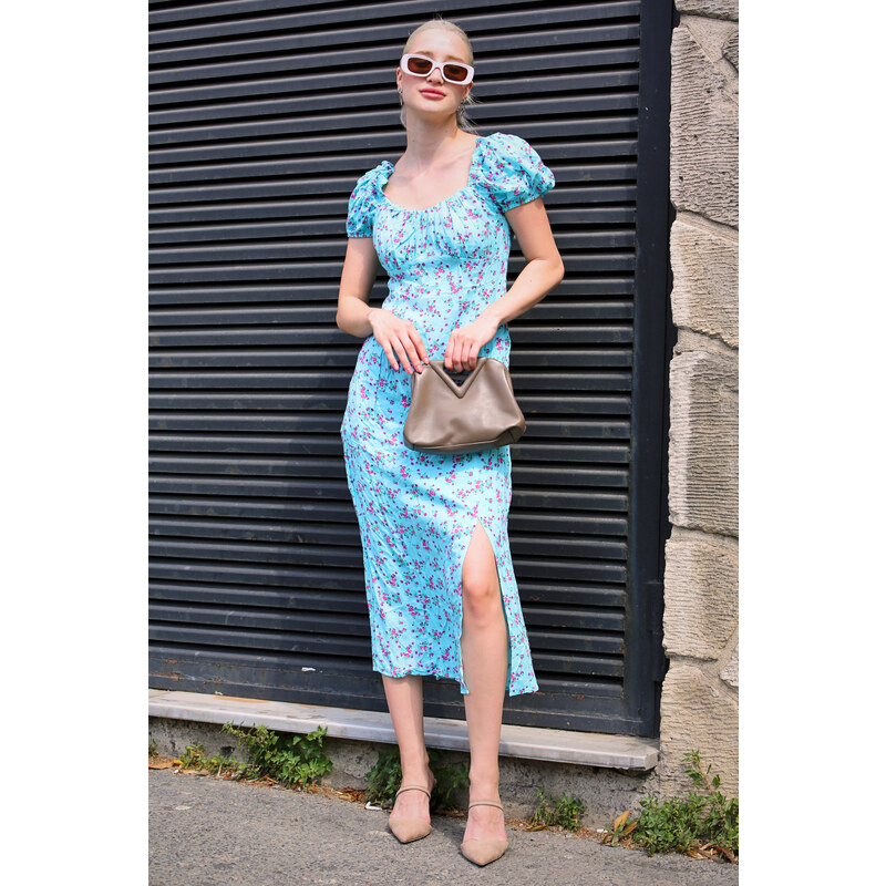 Madmext Blue Floral Pattern Slit Dress