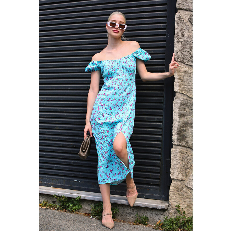 Madmext Blue Floral Pattern Slit Dress