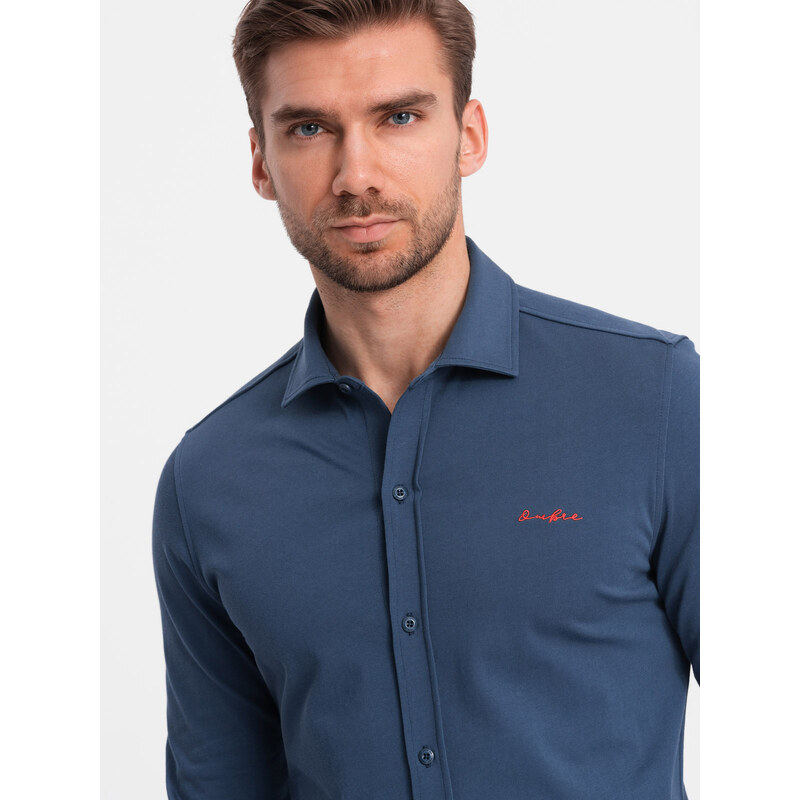 Ombre Clothing Pánské bavlněné tričko REGULAR z jednoduchého žerzeje - modré V1 OM-SHCS-0138