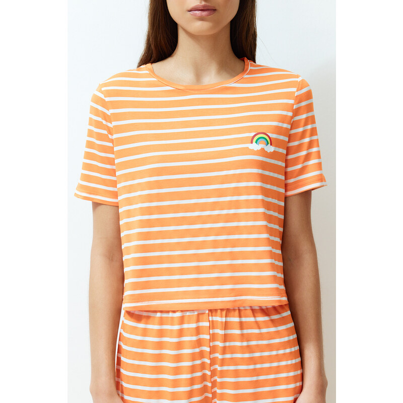 Trendyol Orange Rainbow Printed T-shirt-Shorts Knitted Pajamas Set