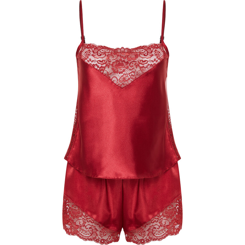 Trendyol Burgundy Lace Detailed Satin Woven Pajamas Set