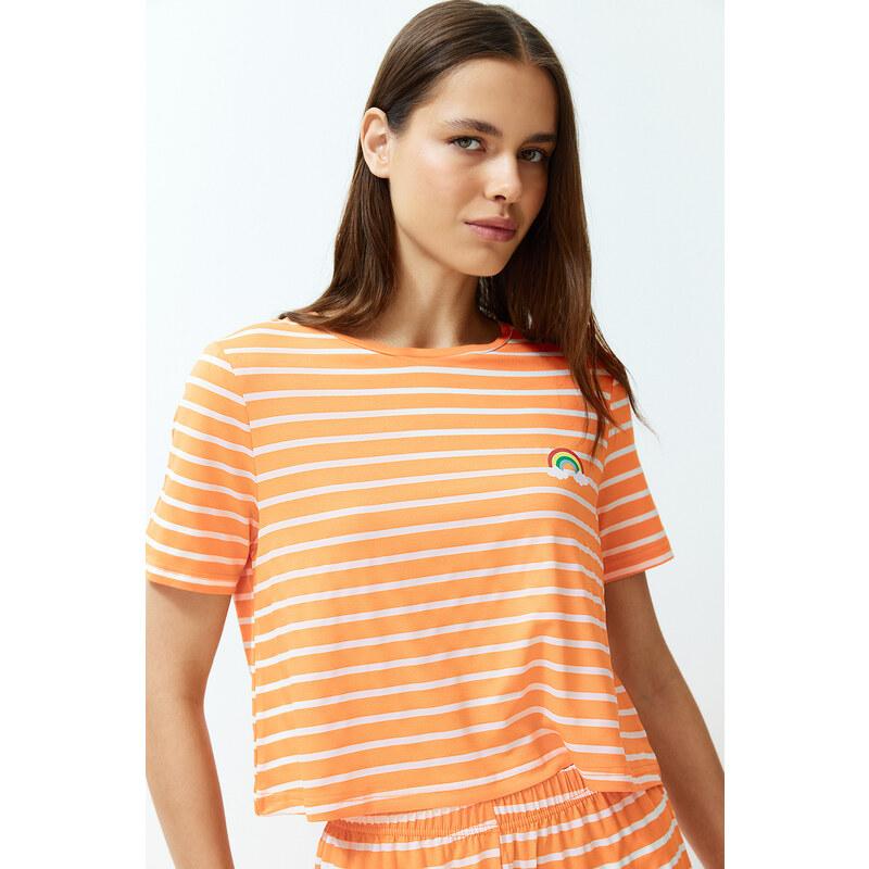 Trendyol Orange Rainbow Printed T-shirt-Shorts Knitted Pajamas Set