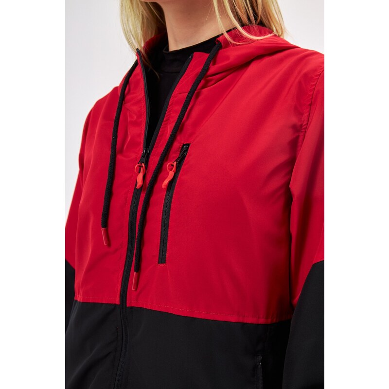 River Club Women's Red-Black Two-tone Lined Water And Windproof Hooded Raincoat With Pocket.