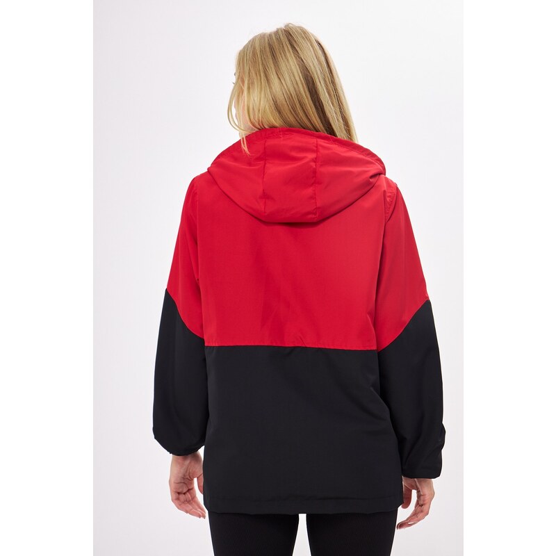 River Club Women's Red-Black Two-tone Lined Water And Windproof Hooded Raincoat With Pocket.