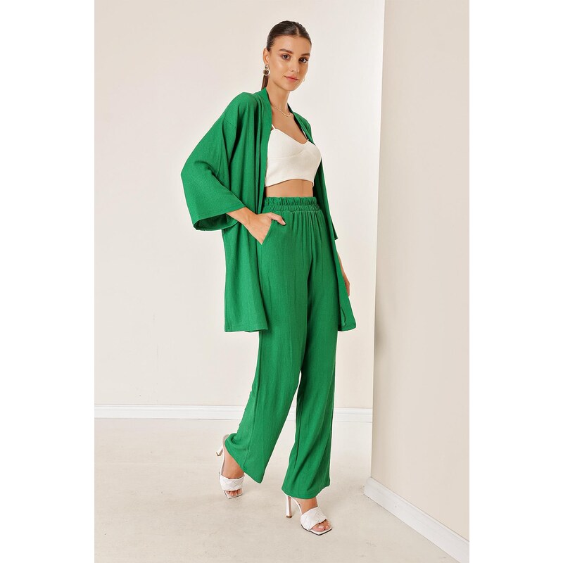 By Saygı Crescent Pants Kimono Set With Pockets Green