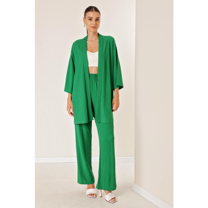 By Saygı Crescent Pants Kimono Set With Pockets Green