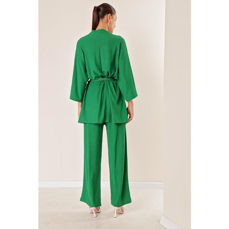 By Saygı Crescent Pants Kimono Set With Pockets Green