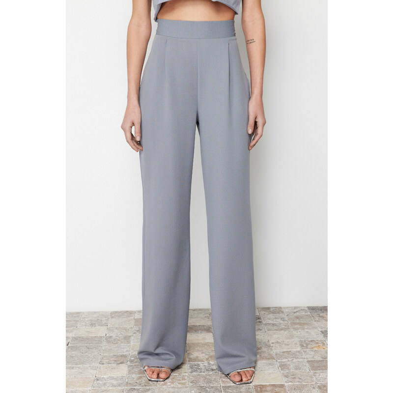 Trendyol Gray Pleated Wide Leg/Comfort Fit Trousers