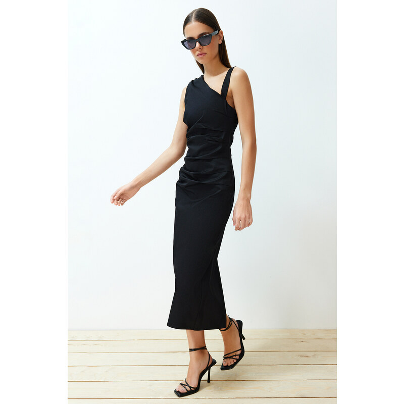 Trendyol Limited Edition Black Body-Fitting Asymmetrical Neck Detailed Woven Midi Dress