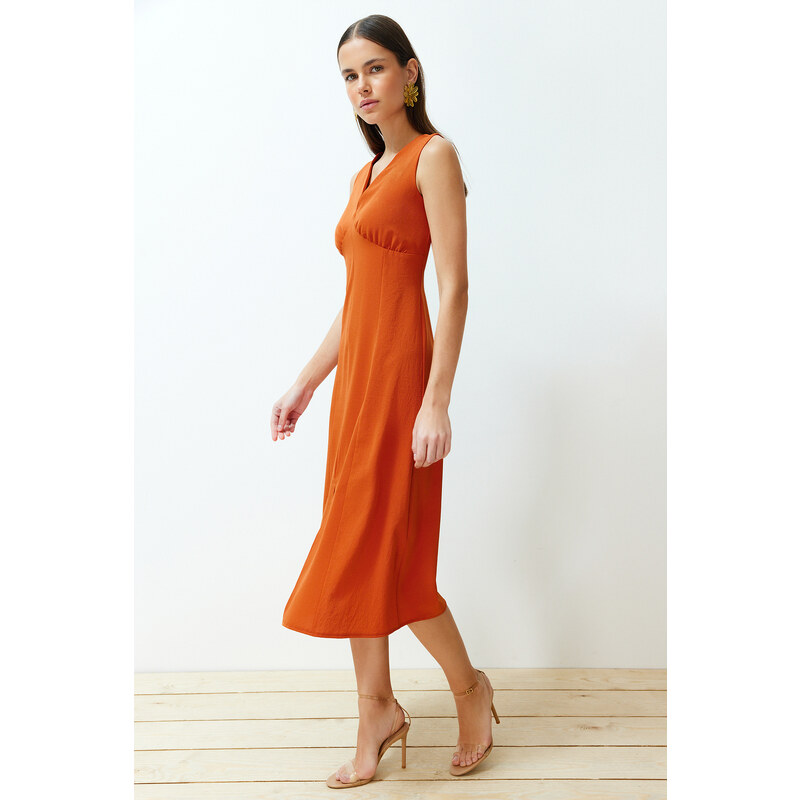 Trendyol Cinnamon A-line V-neck Slit Detailed Midi Woven Dress