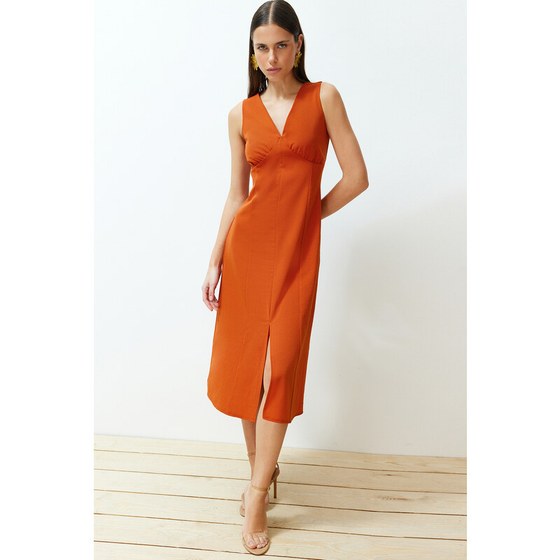 Trendyol Cinnamon A-line V-neck Slit Detailed Midi Woven Dress