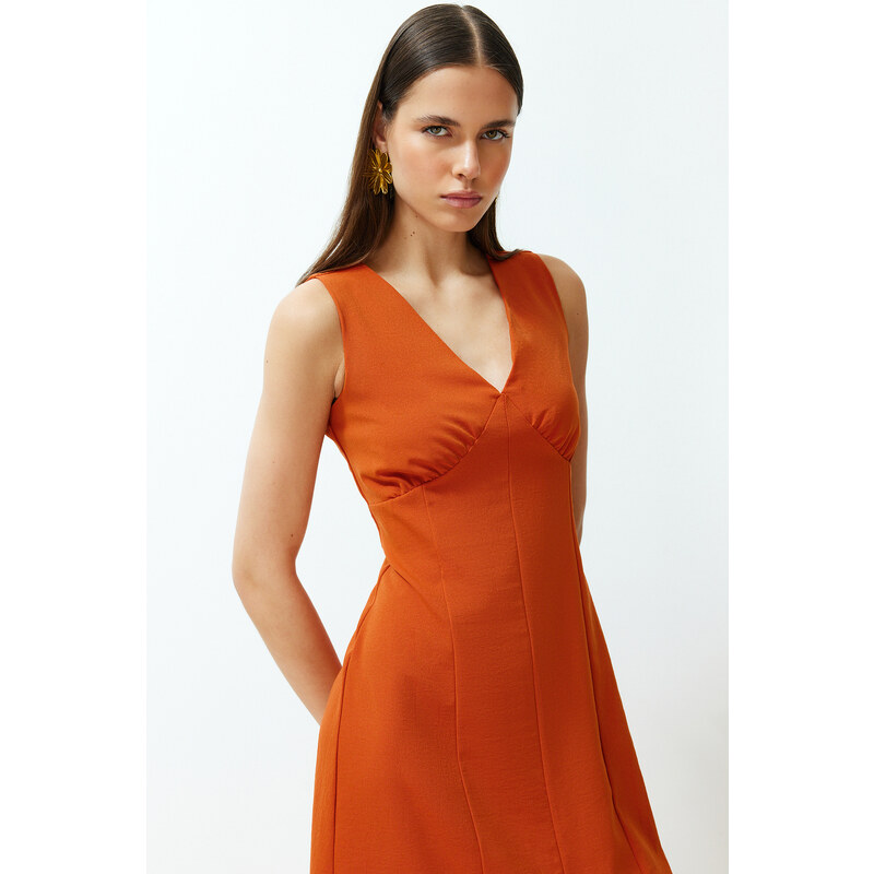 Trendyol Cinnamon A-line V-neck Slit Detailed Midi Woven Dress