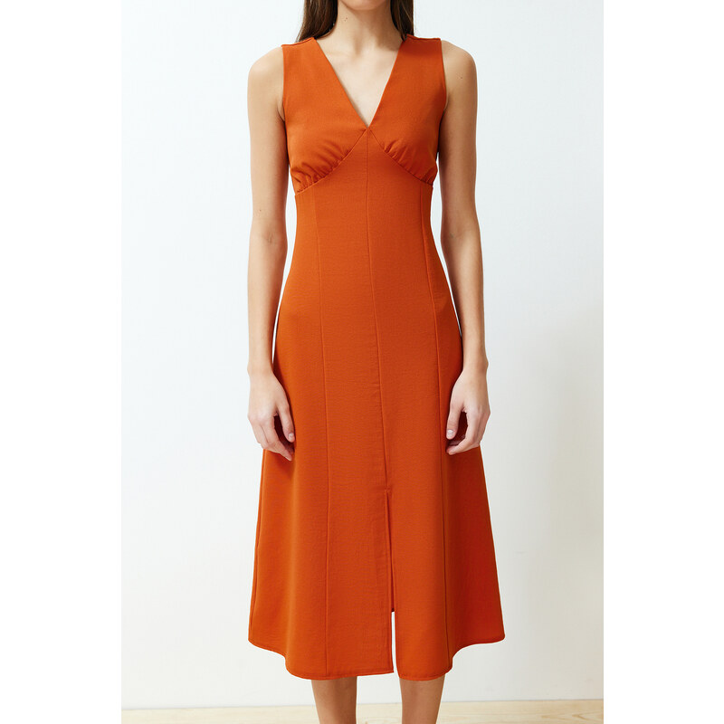 Trendyol Cinnamon A-line V-neck Slit Detailed Midi Woven Dress