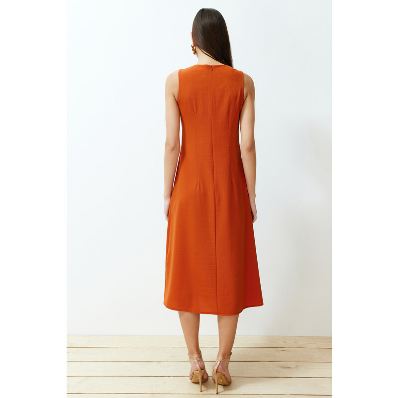 Trendyol Cinnamon A-line V-neck Slit Detailed Midi Woven Dress