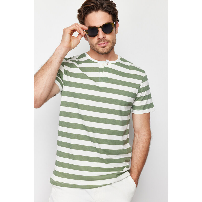 Trendyol Gray Regular/Regular Fit Buttoned Collar Striped 100% Cotton T-Shirt