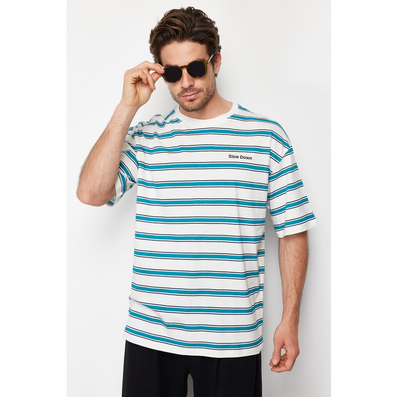 Trendyol Green Oversize Embroidered Striped 100% Cotton T-Shirt