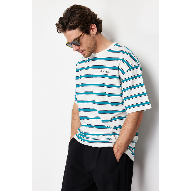 Trendyol Green Oversize Embroidered Striped 100% Cotton T-Shirt