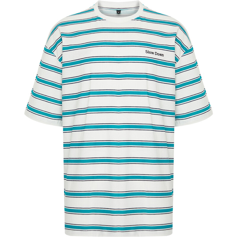 Trendyol Green Oversize Embroidered Striped 100% Cotton T-Shirt