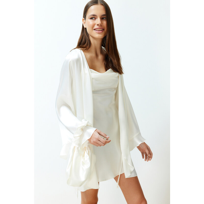 Trendyol Bridal White Belted Satin Woven Dressing Gown with Flounce and Back Embroidery Detail Bag Gift