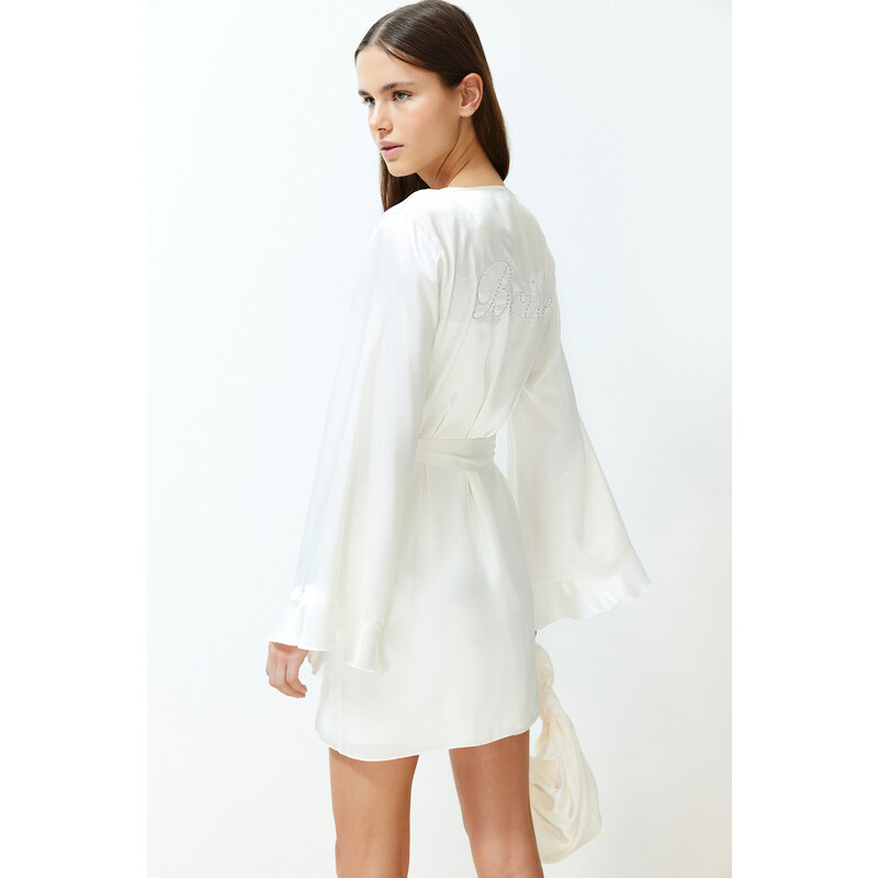 Trendyol Bridal White Belted Satin Woven Dressing Gown with Flounce and Back Embroidery Detail Bag Gift