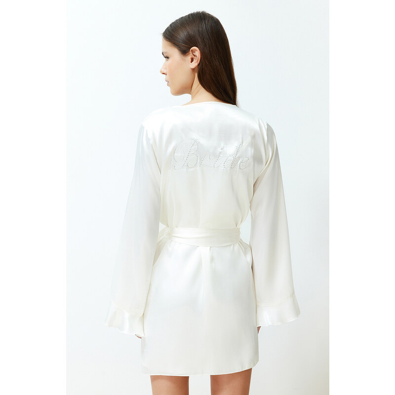 Trendyol Bridal White Belted Satin Woven Dressing Gown with Flounce and Back Embroidery Detail Bag Gift