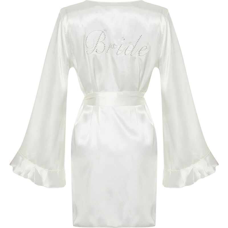 Trendyol Bridal White Belted Satin Woven Dressing Gown with Flounce and Back Embroidery Detail Bag Gift