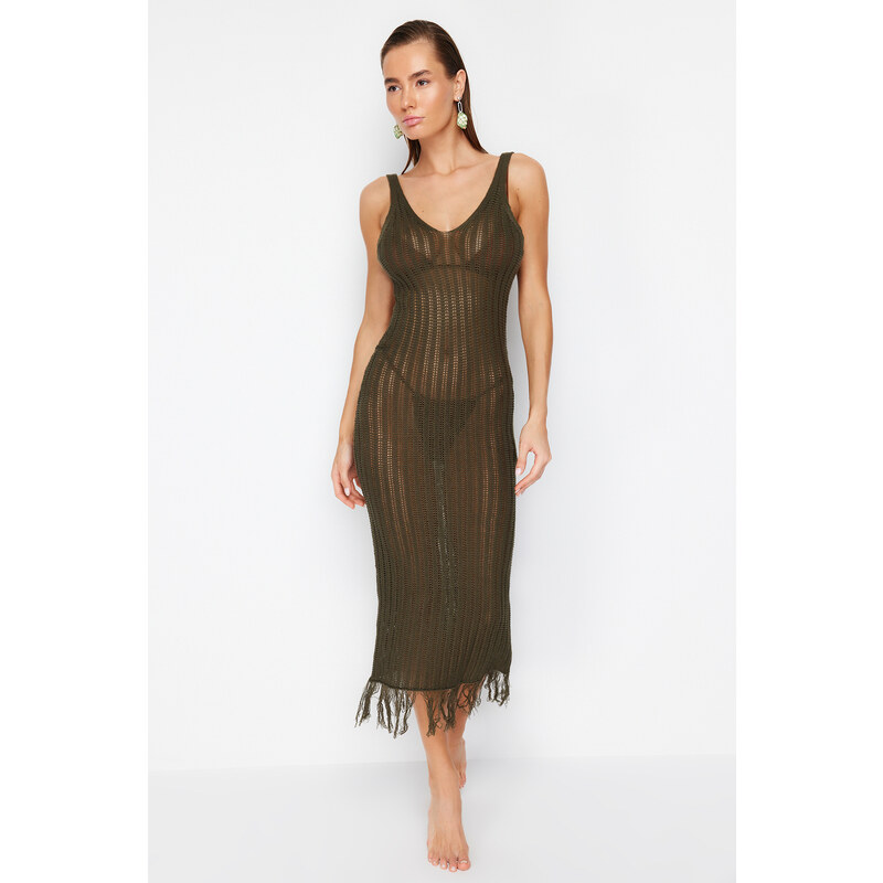 Trendyol Khaki Fitted Maxi Knitted Tasseled Knitwear Look Beach Dress