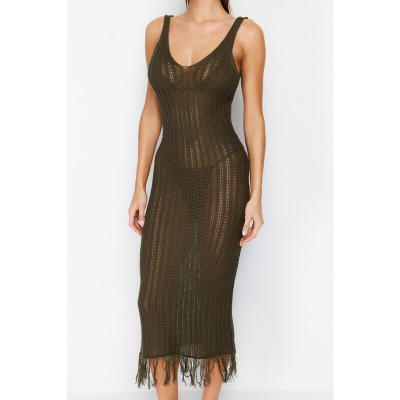 Trendyol Khaki Fitted Maxi Knitted Tasseled Knitwear Look Beach Dress