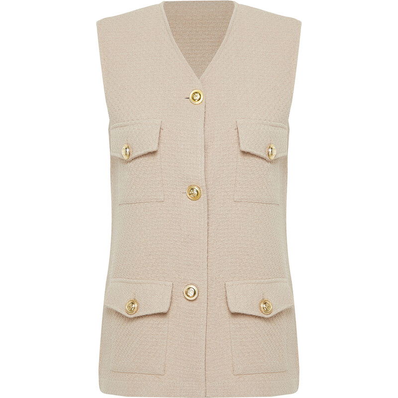 Trendyol Beige Goal Buttoned Stylish Tweed Woven Vest