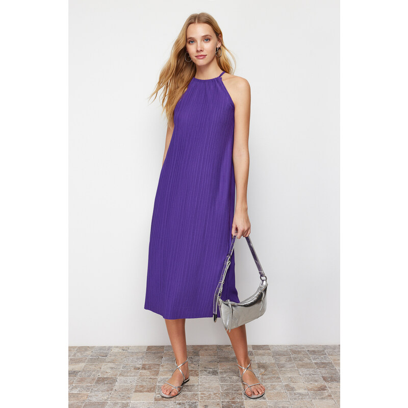 Trendyol Purple Shift/Plain Zero Sleeve Midi Pleated Knitted Dress