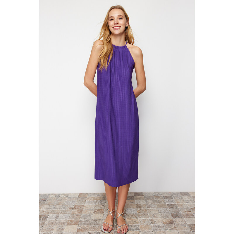 Trendyol Purple Shift/Plain Zero Sleeve Midi Pleated Knitted Dress